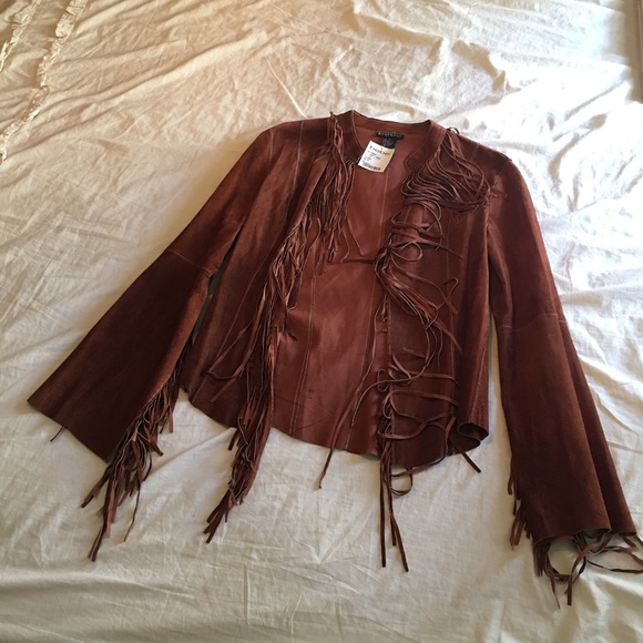 Bebe Fringe BOHO Leather Jacket DAMAGED - Picture 4 of 8